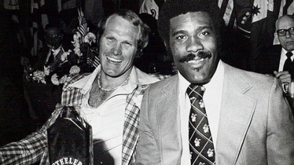 Terry Bradshaw, left, and Joe Greene -- two Steelers icons -- seen here during the team's 1970s heyday.