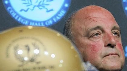 Barry Alvarez, former Wisconsin football coach, listens during a news conference Thursday announcing the 2010 College Football Hall of Fame Class. Alvarez was one of two coaches and 12 players selected from a national ballot of 77 candidates.