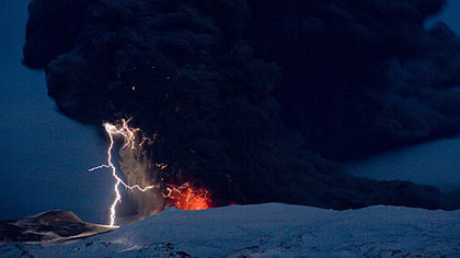 Lighting seen amid the lava and ash erupting from the vent of the Eyjafjallajokull volcano in central Iceland early Sunday morning as it continues to vent into the skies over Europe. Low-energy lightning is sometimes active during eruptions, arcing between particles as they exit the volcanic vent at around 100 metres per second..