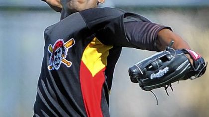 Even the Pirates' brass has a hard time not using scout-speak when it comes to 21-year-old Dominican outfielder Starling Marte. He is shown here working out on the fields at Pirate City Wednesday morning.