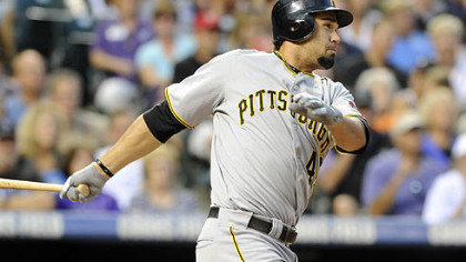 The Pirates' Garrett Jones drives in the tie-breaking run in the sixth inning.