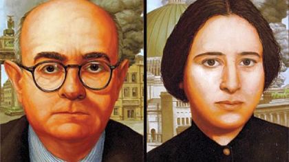 David Stanger paints two German-born philosophers, against a backdrop of destruction, in his "On the Concept of History: Theodor Adorno, Hanna Arendt."