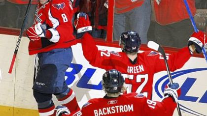 Capitals star Ovechkin celebrates his hat trick.