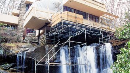 Robert P. Ruschak
Fallingwater's terraces were shored with steel beams, tucked behind the scaffolding, until reinforcing work on the concrete cantilever beams could be completed.