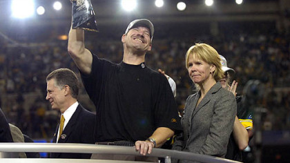 Bill and Kaye Cowher celebrate the Steelers' Super Bowl XL victory against the Seattle Seahawks, Feb. 6, 2006.