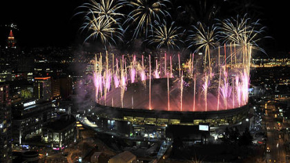 Fireworks explode over BC Place Stadium after the closing ceremonies Sunday night.