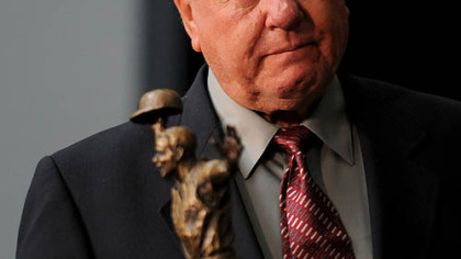 Bill Mazeroski listens during a press conference where a miniature version of the statue that will be outside PNC Park was unveiled.