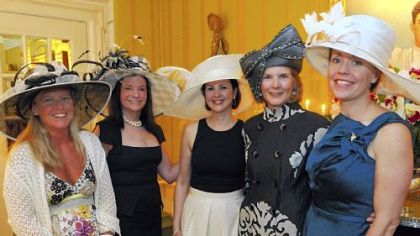 Spring Hat Luncheon chairs Christine Hilliard, Peggy McKnight, Gabriela Porges, Susie Dorrance and Jessica O'Brien model Mr. Song hats.