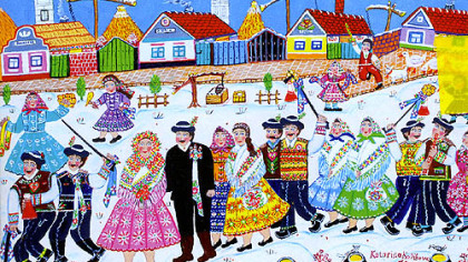 A bride and groom are accompanied by villagers in this detail of a scene by Katarina Kozikova.