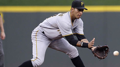 Pirates shortstop Ronny Cedeno fields a ground ball hit by the Reds' Scott Rolen for an out in the third inning.