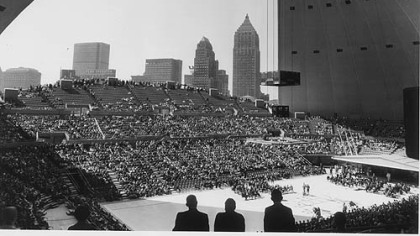Pittsburgh skyline from within Civic Arena at opening ceremonies.