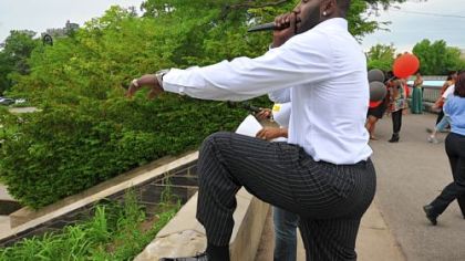 DeJuan Blair was the emcee for the Schenley High School prom lineup at the Highland Park Reservoir Friday.