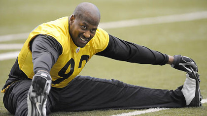 Steelers linebacker James Harrison stretches.