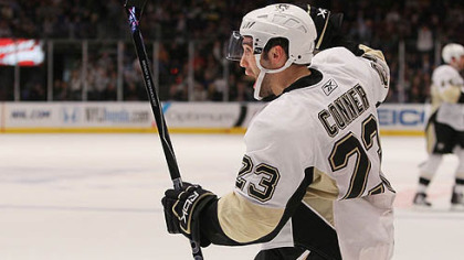 Penguins forward Chris Conner celebrates his second goal of the game in the third period.