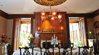 The formal dining room is opposite the kitchen area.