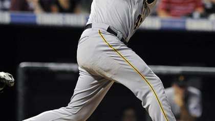 The Pirates' Garrett Jones hits a double in the fifth inning.