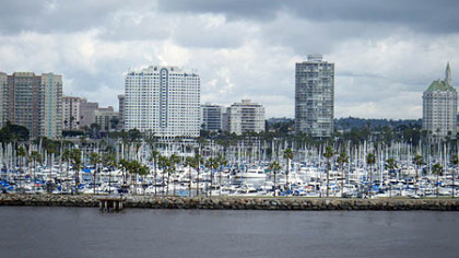The deck of The Queen Mary affords a great view of Long Beach, California.