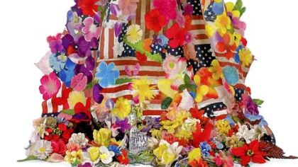 Wendy Osher's "Promise," is made of flags and flowers that had been blown by the wind from graves in cemeteries.