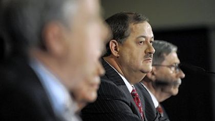 Massey Energy Co. Chairman and CEO Don Blankenship, second from left, attends a news conference with board directors, from left, Stanley Suboleski, Bobby Inman and Robert Foglesong at the Charleston Civic Center in Charleston, W.Va., Monday. U.S. Senate is expected to hold a hearing on the mine today.