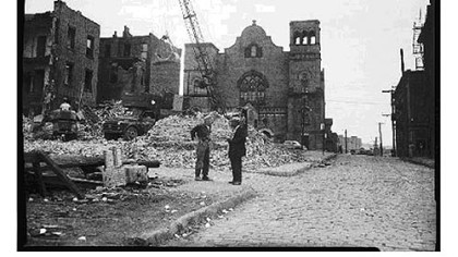 Demolition zone for the Civic Arena, with Marpec Const. Co. Contract Hauling truck, in front of Bethel AME Church, Hill District, 1957.