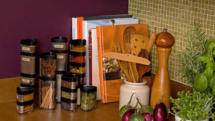 The SpiceCare storage system from TableFare. Face stainless steel covers forward to protect spices from light or use the clear sides for easy identification.