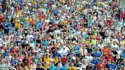 More than 16,000 runners jammed the Strip District as the Pittsburgh Marathon gets under way.