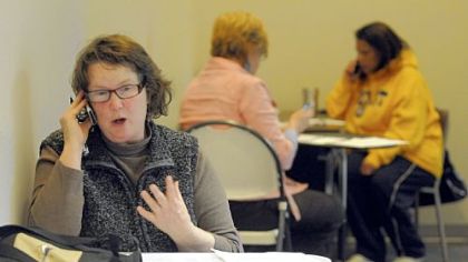 Shelly Nilson of Allison Park makes calls for Organizing for America-Pennsylvania encouraging area residents to contact their elected officials to voice support for President Obama's proposal for health care reform.