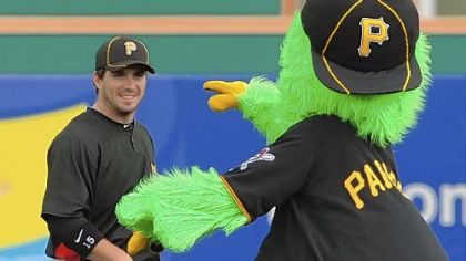 The Pirate Parrot gets the attention of Andy LaRoche before an exhibition game this week at McKechnie Field in Bradenton, Fla.