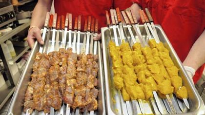 Kebabs ready for the grill at Salem's Market & Grill. On the left, lamb. On the right, chicken, or shish tawook.