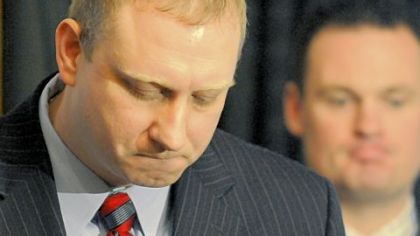 Pittsburgh Public Safety Director Mike Huss, left, and Mayor Luke Ravenstahl react to a question during a press conference on disciplinary actions on EMS personnel at the mayor's office on Tuesday.