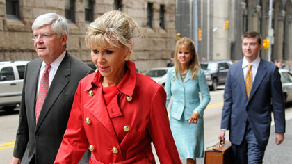 Members of the Orie family outside the Allegheny County Courthouse. From left, brother Jack Orie, Janine Orie, Sen. Jane Clare Orie, and Jack's son, Matt Orie.