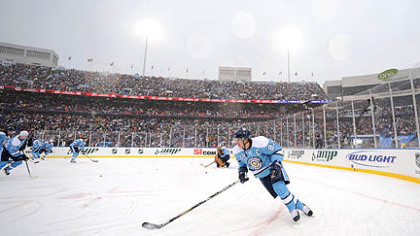 Sidney Crosby warms up prior to the start of the NHL's inaugural Winter Classic game, Jan. 1, 2008, at Ralph Wilson Stadium in Buffalo against the Sabres. The Penguins won 2-1 in a shootout.