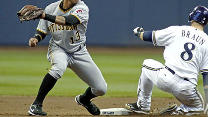 Brewers outfielder Ryan Braun steals second base as Pirates shortstop Ronny Cedeno is late with the tag in the first inning.
