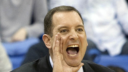 Robert Morris head coach Mike Rice yells at his team during the first half.