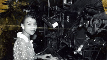 An image from Kenneth Love's film "Newspaper of Record: The Pittsburgh Courier 1907-1965" shows Patricia Prattis, an intern who worked for the church news section, at a linotype machine at the Pittsburgh Courier. Her father was Courier editor P.L. Prattis. She is now Patricia Prattis Jennings, the retired principal keyboardist of the Pittsburgh Symphony Orchestra.