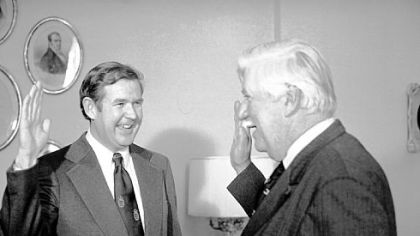Rep. John Murtha, D-Pa., reenacts the oath of office with Rep. Thomas O'Neill, majority whip, on Capitol Hill in Washington, Feb. 20, 1974. Mr. O'Neill earlier swore in Mr. Murtha during a private ceremony.
