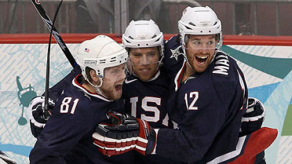 U.S. forward Ryan Malone, right celebrates the first goal with Phil Kessel, left, and Joe Pavelski Friday.