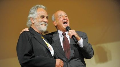 Cyril H. Wecht, right, introduces Tommy Chong of the stoner duo Cheech and Chong, at a Democratic Party fundraiser Wednesday at the International Brotherhood of Electrical Workers Local Union 5.