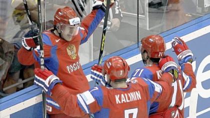 Evgeni Malkin, added to Russia's roster after the Penguins were eliminated,  celebrates after scoring in the quarterfinals of the World Champion-ships in Germany this week.