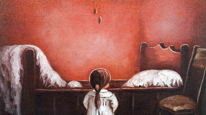 This is the picture that Albina Senko bought for her granddaughter, Milena, because it reminded her of her childhood in Slovakia during World War II. The painting is by Michal Gerzov and is titled "Praying."