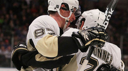 Penguins forward Chris Conner his second goal of the game with teammate Sidney Crosby.