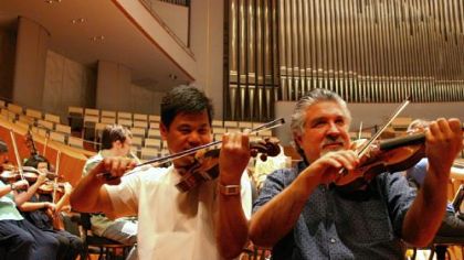 Pittsburgh Violinist Christopher Wu, left, and concertmaster Andres Cardenes warm up in May 2009 at the National Centre for the Performing Arts in Beijing.