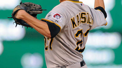 Pirates pitcher Jeff Karstens throws during the second inning.