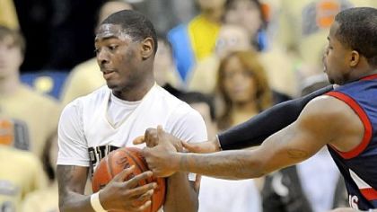 Pitt guard Ashton Gibbs steals the ball from Robert Morris guard Velton Jones in the first half of last night's game at the Petersen Events center.