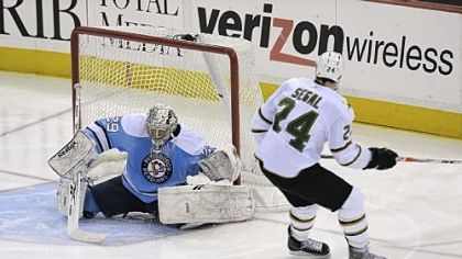 Marc-Andre Fleury stops a shot by Brandon Segal in the second perod. Fleury had 27 saves.