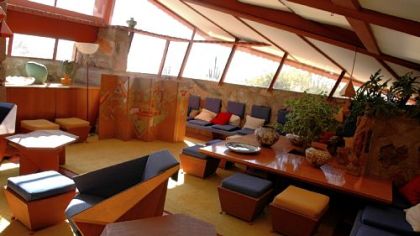 The living room at Taliesin West, also called the garden room by architect Frank Lloyd Wright, is in one of 2 homes maintained by Wright. Taliesin West served as personal residence, studio, architectural laboratory and school for Wright and his staff and students.