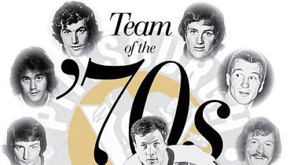 Clockwise from bottom, Bryan "Bugsy" Watson, Dave Burrows, Rick Kehoe, Syl Apps, Greg Polis, Lowell MacDonald and Jim Rutherford. INSET: Jean Pronovost is one of two players to make the teams of the 1960s and '70s.