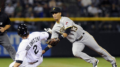 Pirates shortstop Ronny Cedeno leaps back to tag out the Rockies' Troy Tulowitzki in the sixth inning.
