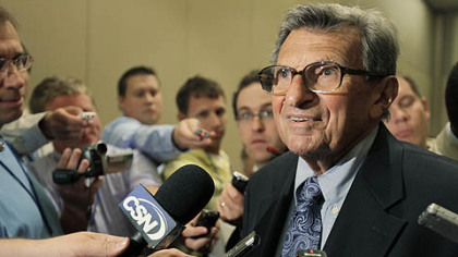 Penn State head football coach Joe Paterno speaks to reporters Monday,  in Chicago at the Big Ten Conference's annual media days.