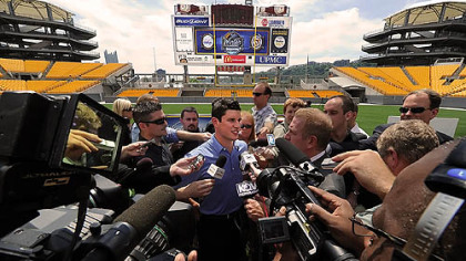 Penguins captain Sidney Crosby talks to the media during Tuesday's press conference in regards to the Winter Classic at Heinz Field.